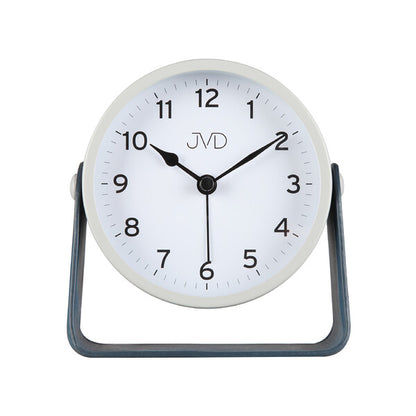 Réveil avec pied bleu, cadran rond et inscription JVD, aiguilles noires