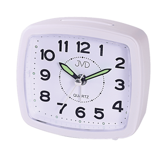 Réveil analogique avec boîtier blanc, aiguilles vertes et cadran JVD.