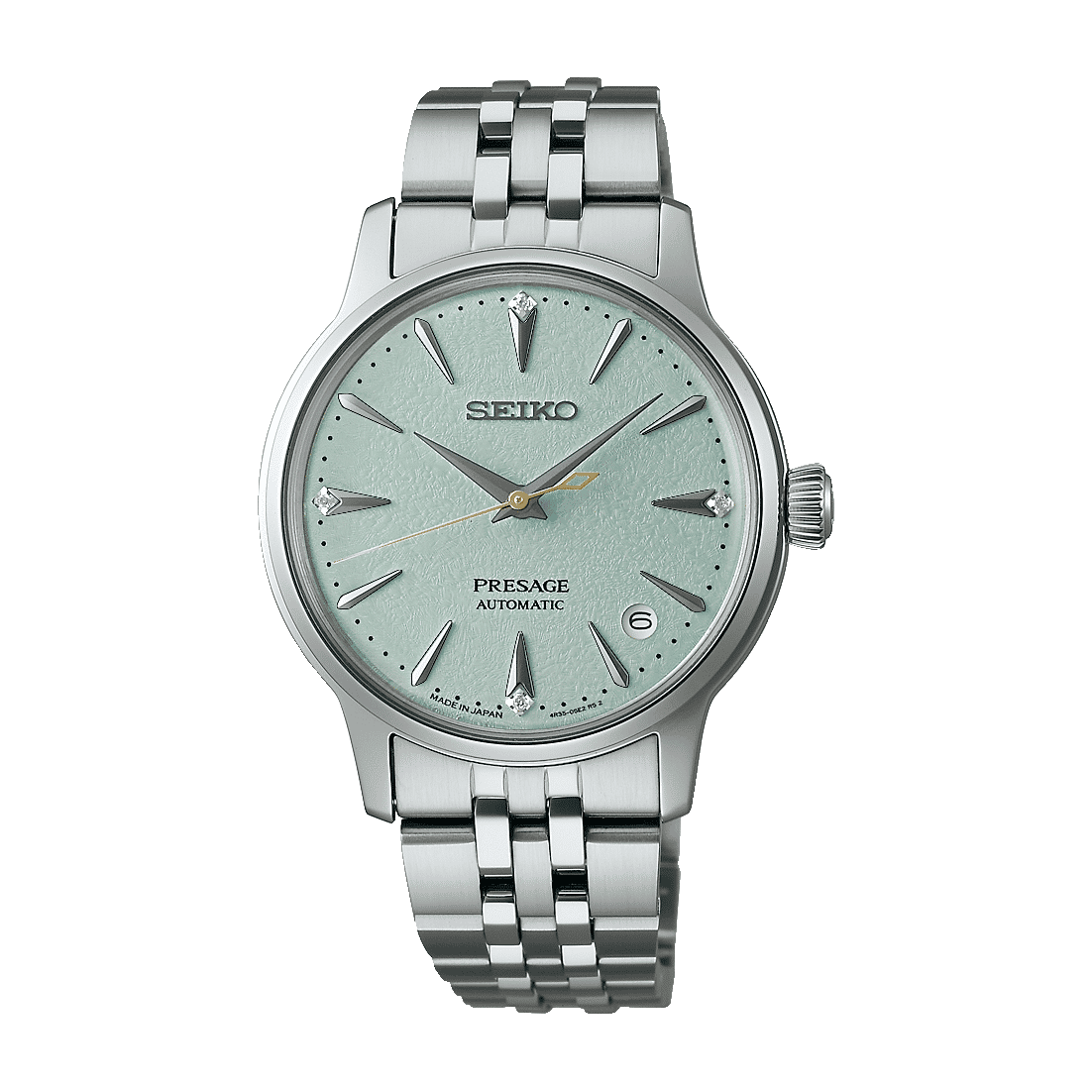 Montre automatique avec cadran vert menthe, boîtier en acier inoxydable argenté et bracelet en métal