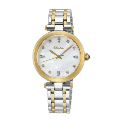 Seiko Damenuhr mit zweifarbigem Edelstahlband, rundem weißem Zifferblatt und Diamantindex