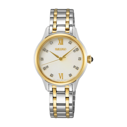 Zweifarbige Damenarmbanduhr mit cremefarbenem Zifferblatt, römischen Ziffern und SEIKO