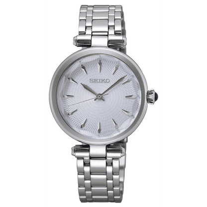 Seiko Classic Damenarmbanduhr mit silbernem Metallarmband und hellem Zifferblatt