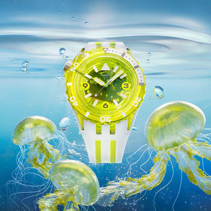 Swatch Taucheruhr: gelbgrünes Zifferblatt, weiße Armbandglieder, Leuchtzeiger