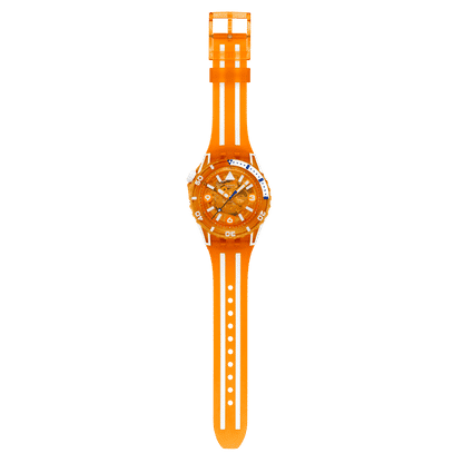 Swatch Armbanduhr im Seitenblick, orangefarbenes Gehäuse und längliches Armband