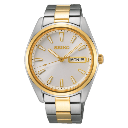 Seiko Herrenarmbanduhr zweifarbig silber/gold mit weißem Zifferblatt und Datumsanzeige