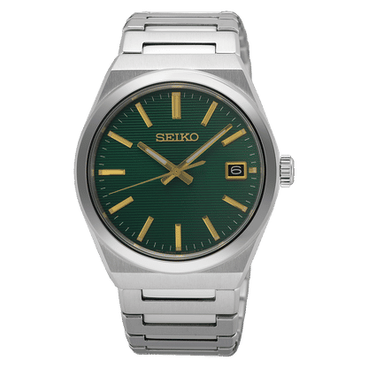Seiko Herrenuhr mit grünem Zifferblatt, silbernem Edelstahlband und Datumsfenster