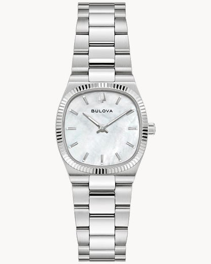 Bulova Damenarmbanduhr, silbernes Edelstahlband, helles Perlmutt-Zifferblatt, Zeiger