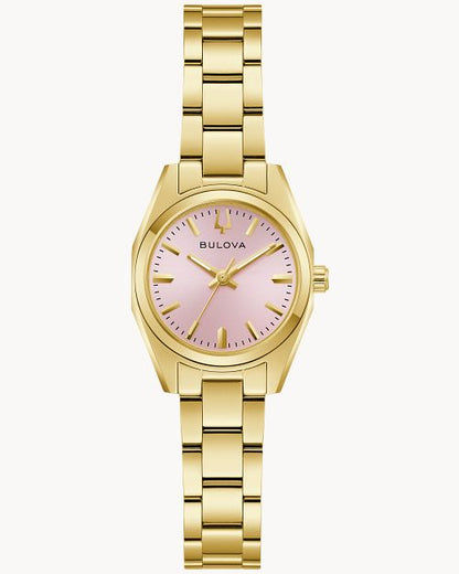 Bulova Damenarmbanduhr mit rosafarbenem Zifferblatt und vergoldetem Edelstahlarmband
