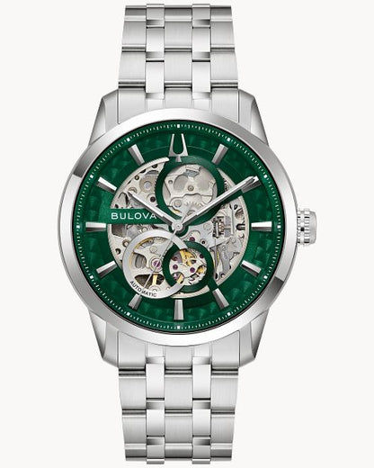Bulova Skelettarmbanduhr für Herren, grünes Zifferblatt, Metallarmband