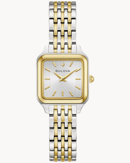Bulova Damenuhr mit rechteckigem bicolor Gehäuse, weißem Zifferblatt und Metallarmband
