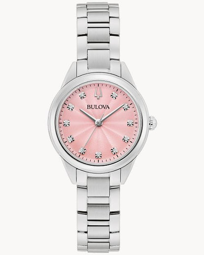 Bulova Damenarmbanduhr mit rosafarbenem Zifferblatt, silbernem Stahlband und Diamant-Index