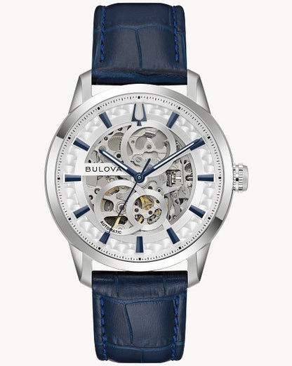Bulova Herrenuhr mit silbernem Gehäuse, blauem Lederband und offenem Automatik-Design