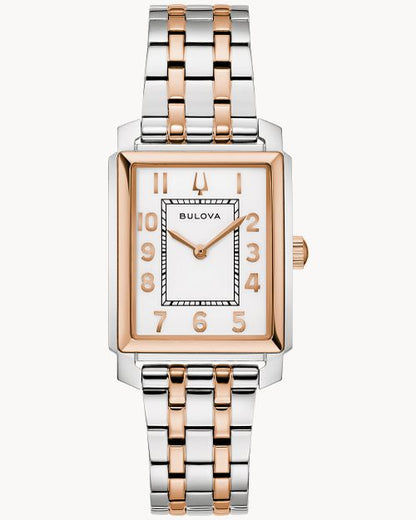 Bulova Damenarmbanduhr mit bicolor Edelstahlband und rechteckigem weißem Zifferblatt