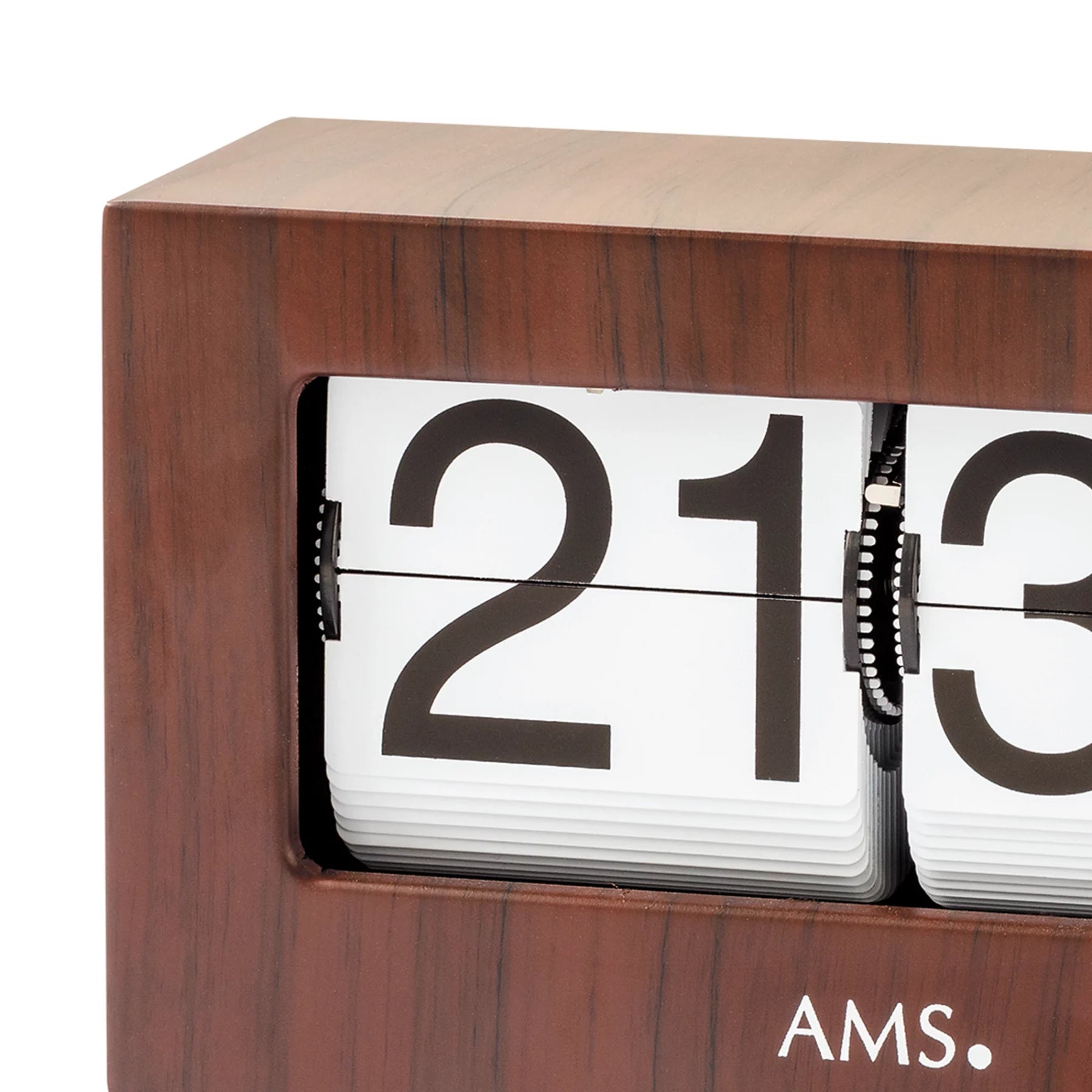 Horloge rétro avec affichage à chiffres basculants, boîtier en bois ; découpe du cadran 21 et 5