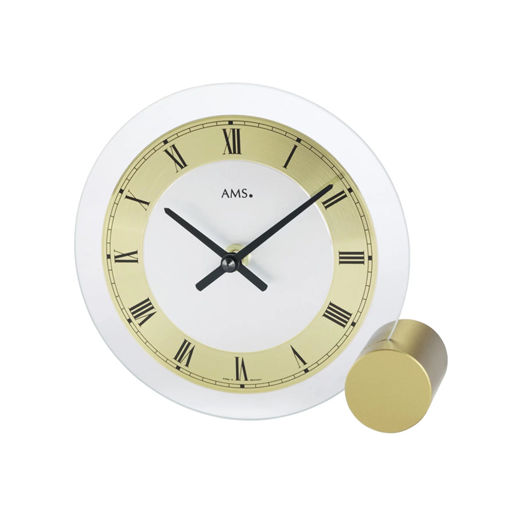 Horloge de table avec boîtier blanc, anneau de cadran doré et aiguilles noires