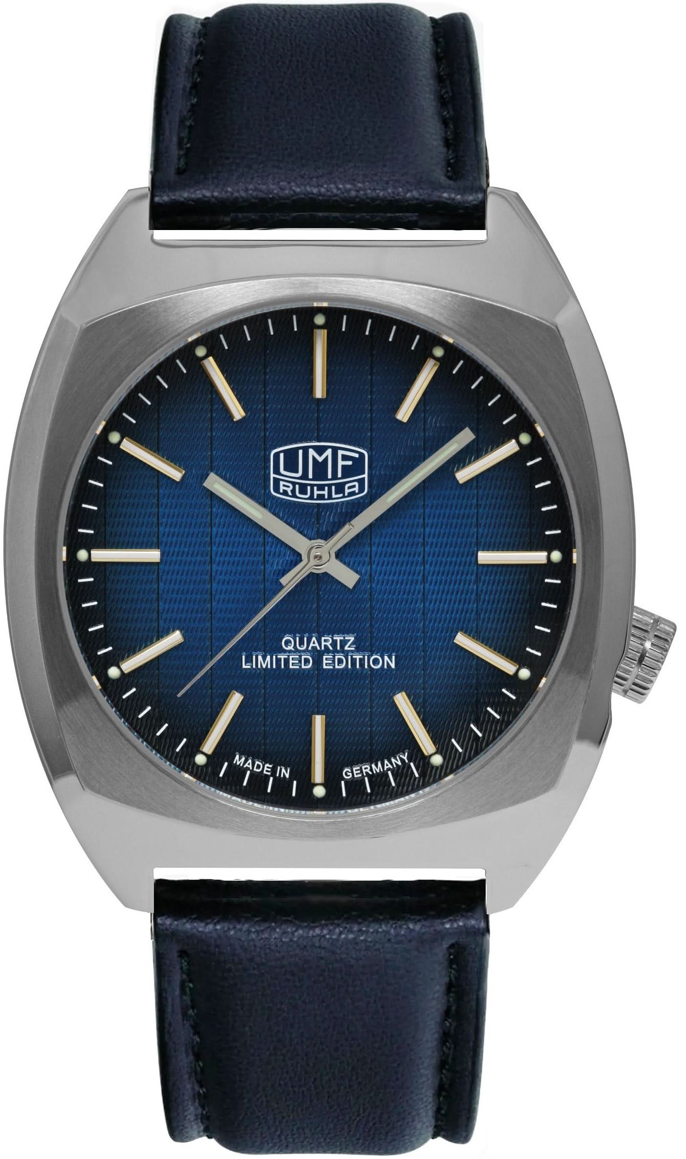 Montre homme : boîtier en acier inoxydable, cadran bleu, bracelet en cuir bleu foncé