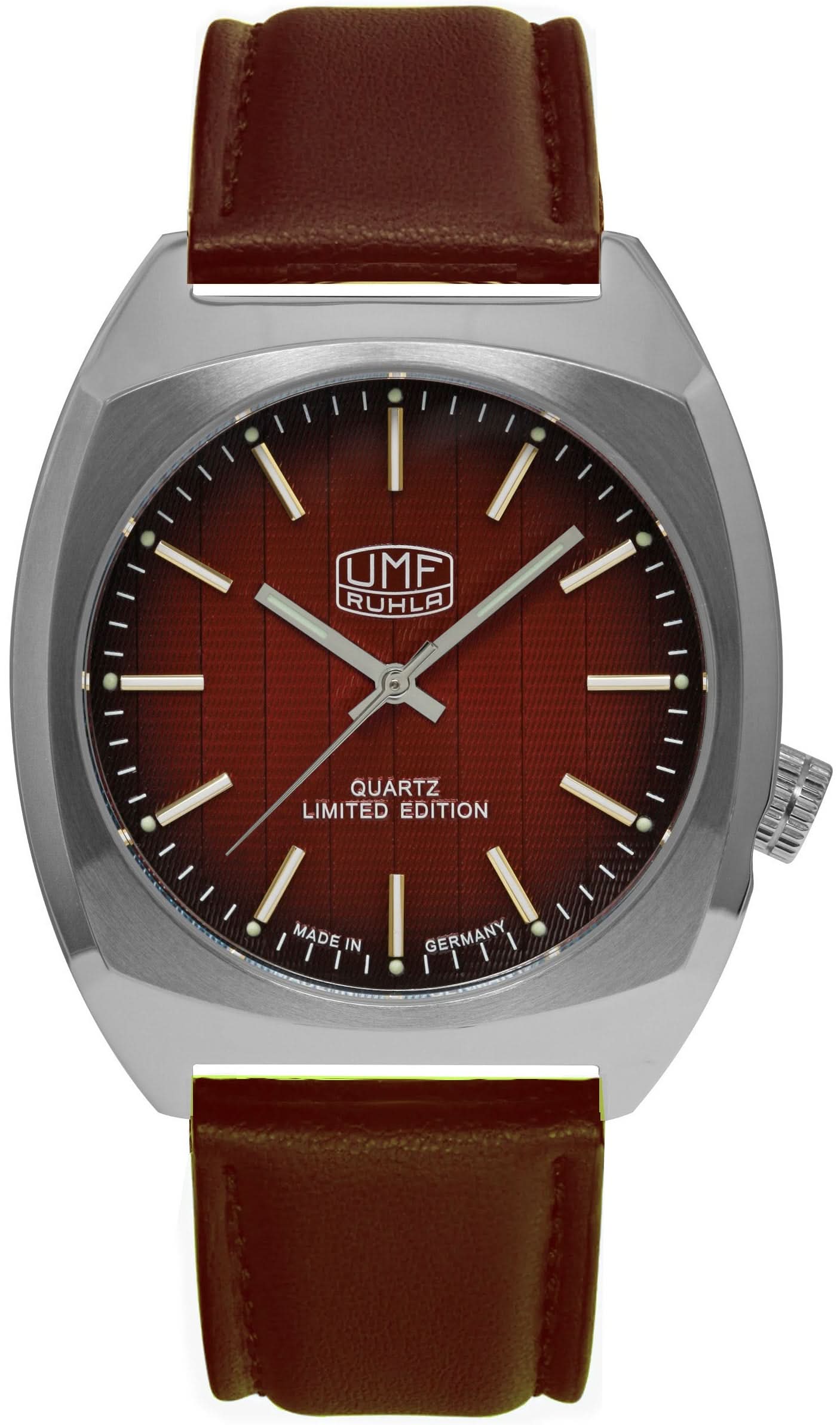 Montre homme avec bracelet en cuir marron, boîtier argenté et cadran rouge