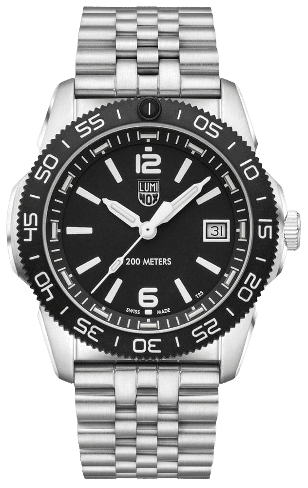 Montre homme avec cadran noir, bracelet en acier inoxydable argenté et lunette tournante de plongée