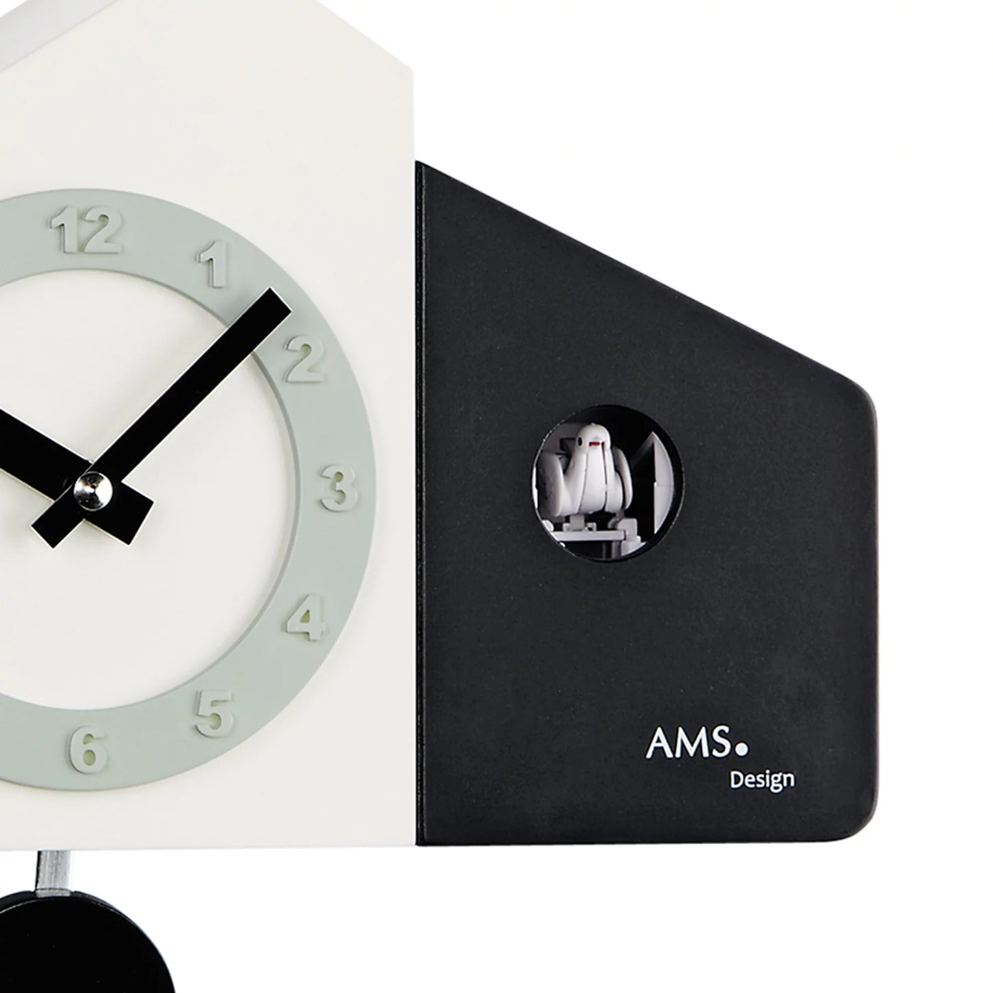 Horloge murale droite avec insert de boîtier noir et vue sur le pendule, design AMS