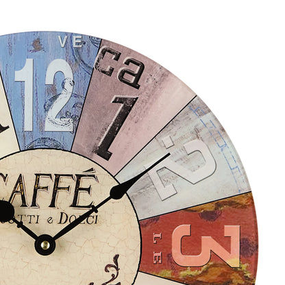 Horloge murale avec cadran imprimé, aiguilles et inscription « CAFFE ».