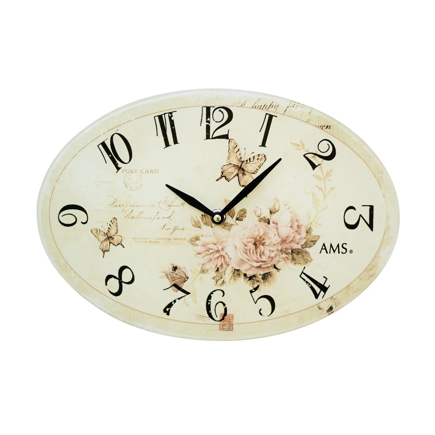 Horloge murale ronde avec bord en verre, cadran crème, décor de fleurs et de papillons