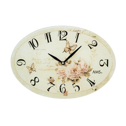 Horloge murale ronde avec bord en verre, cadran crème, décor de fleurs et de papillons