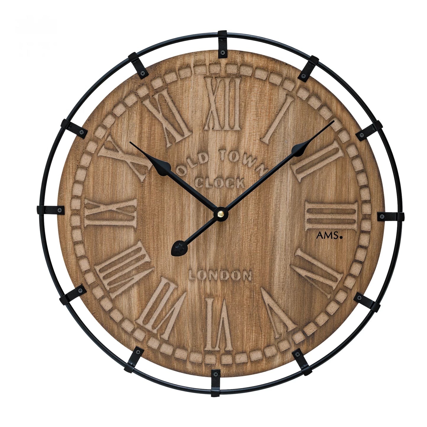 Horloge murale avec cadran rond en bois, aiguilles noires et cadre en métal