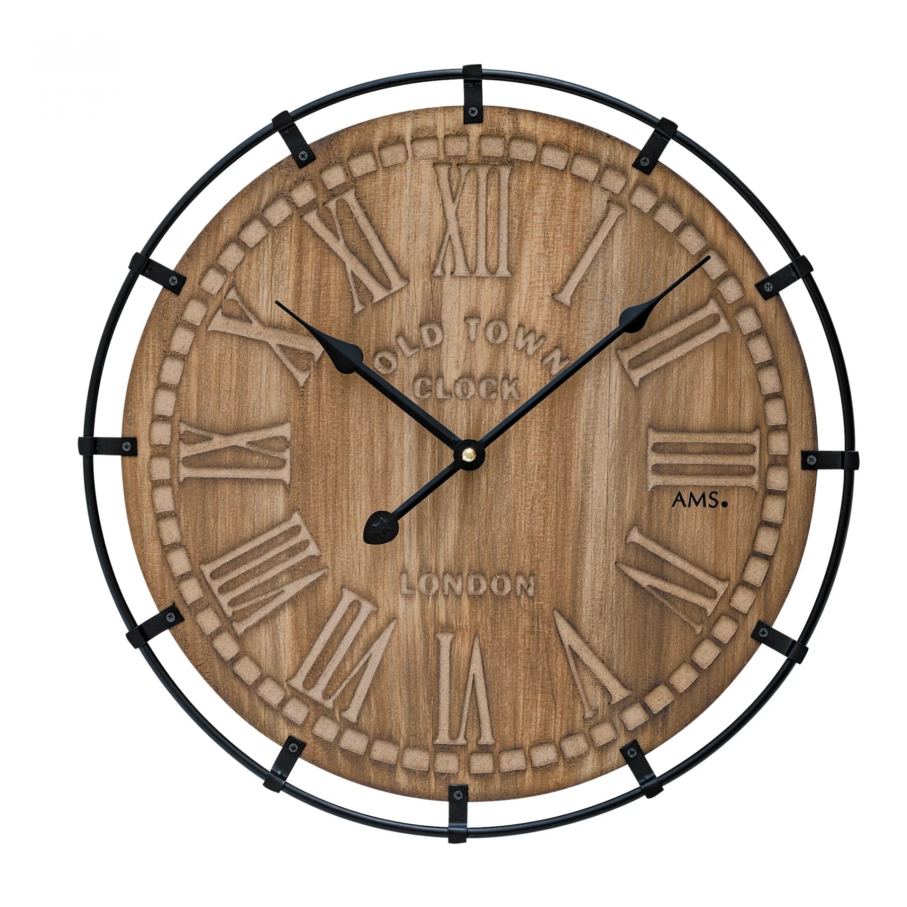 Horloge murale avec cadran rond en bois, aiguilles noires et cadre en métal