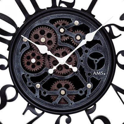 Gros plan d'une horloge murale : mécanisme d'engrenage artistique en bleu foncé, marron et gris