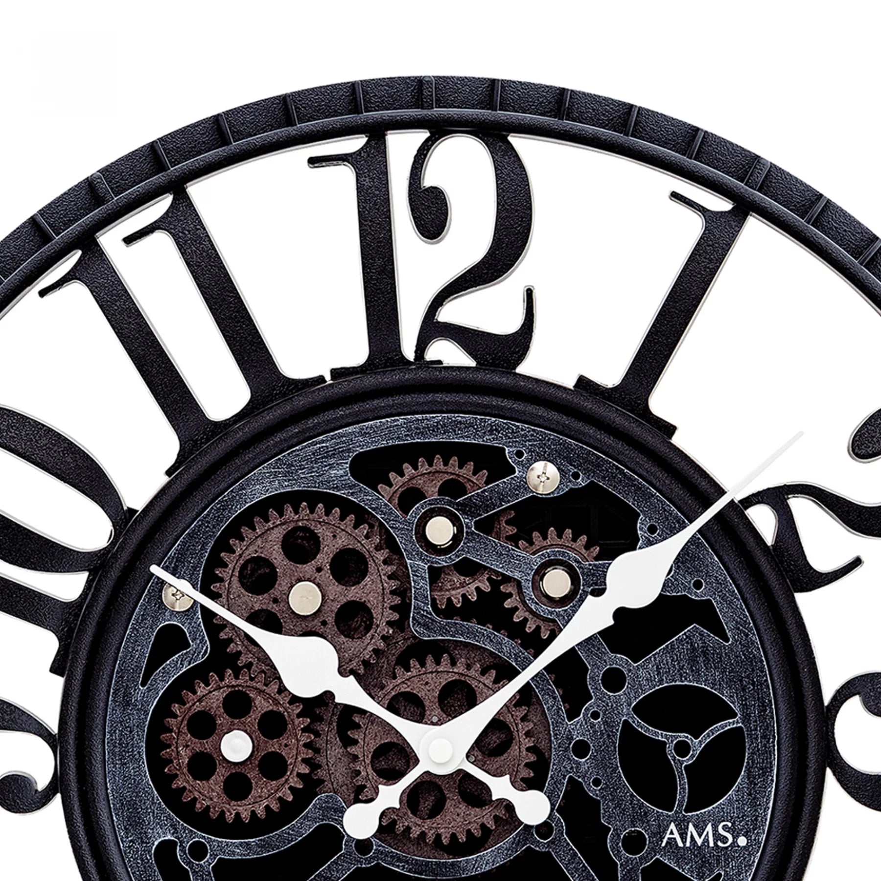 Montre murale Détail : chiffres noir et blanc, anneau décoratif noir et engrenages aspect antique