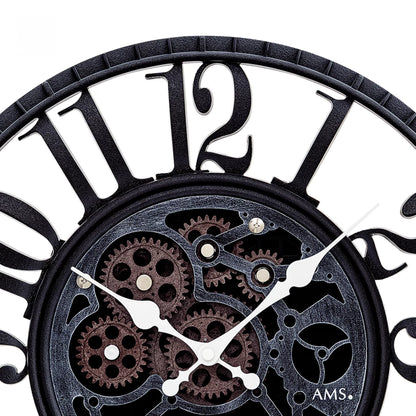 Montre murale Détail : chiffres noir et blanc, anneau décoratif noir et engrenages aspect antique