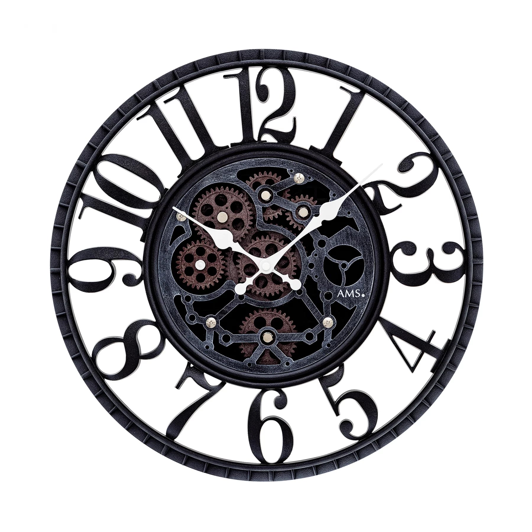 Horloge murale avec mécanisme apparent à engrenages, cadre noir et chiffres arabes