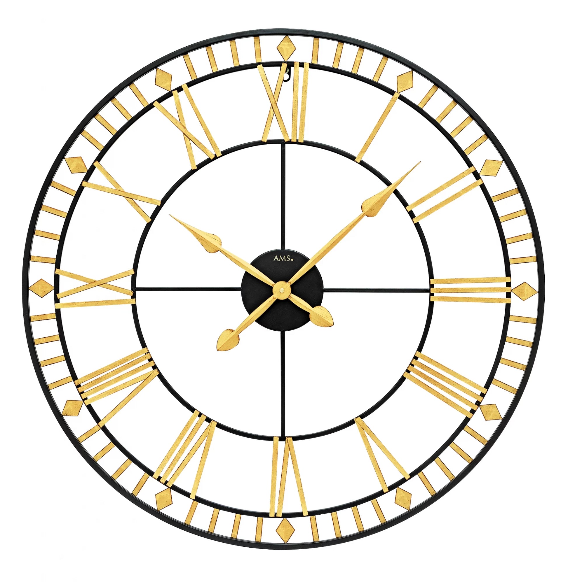 Horloge murale AMS en quartz, Ø80 cm, cadre noir, chiffres et aiguilles dorés