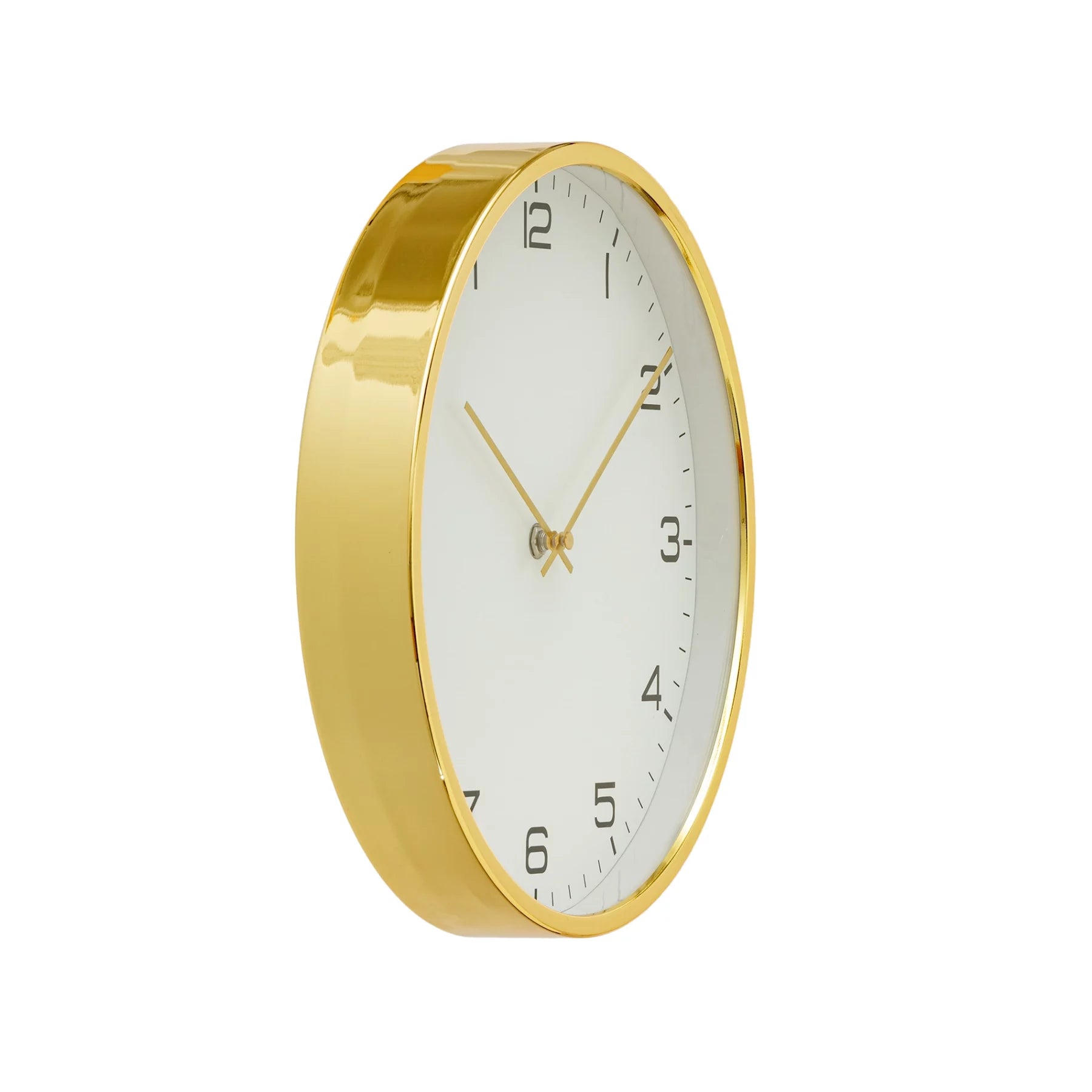 Horloge murale avec boîtier métallique doré vu de profil et cadran blanc