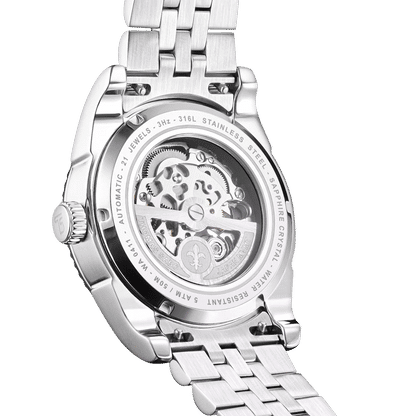 Herrenarmbanduhr mit sichtbarem Uhrwerk am Edelstahlgehäuseboden