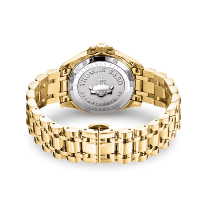 Rückansicht goldfarbene Damenuhr mit Metallarmband und Thomas Sabo Gravur