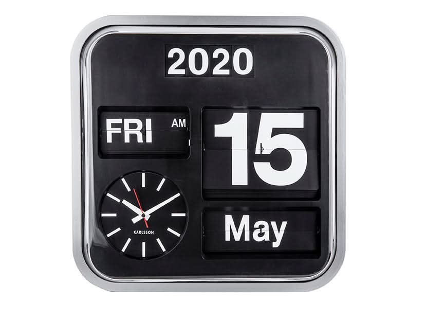 Silverfärgad väggklocka med flip-kalender: 2020, FRE/FM, 15, maj