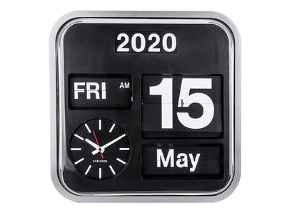 Silverfärgad väggklocka med flip-kalender: 2020, FRE/FM, 15, maj