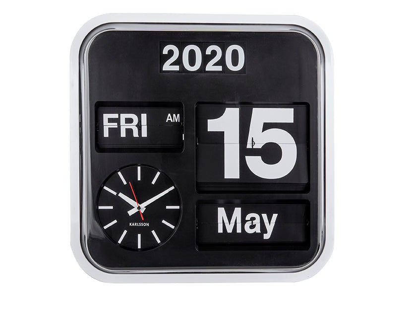 Fällbar sifferväggklocka, vit ram, display: 2020 FRE, 15, maj