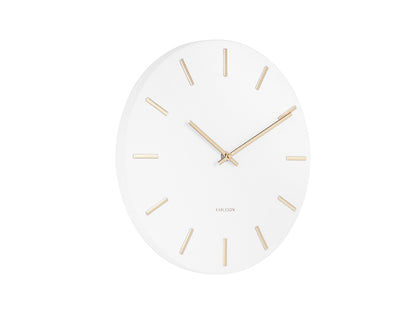 Petite horloge murale, cadran blanc avec index bâtons et aiguilles dorés