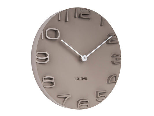 Horloge murale Karlsson en boîtier gris chaud avec index de bordure arabes et aiguilles blanches