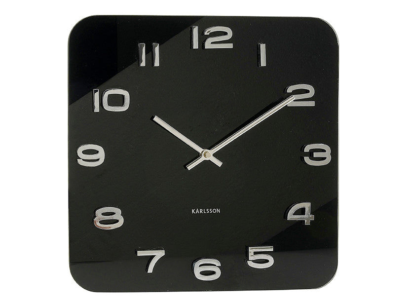 Horloge murale vintage Karlsson, cadran noir carré avec aiguilles argentées