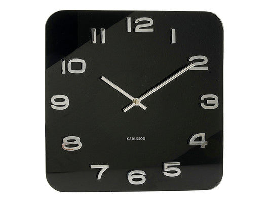 Horloge murale vintage Karlsson, cadran noir carré avec aiguilles argentées