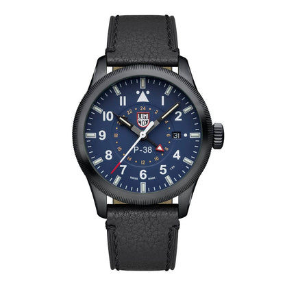 Luminox Herrenuhr P-38 Lightning mit blauem Zifferblatt und schwarzem Lederarmband
