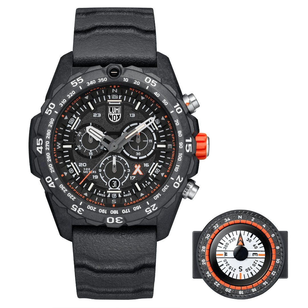 Montre bracelet pour homme avec cadran noir et bordure orange, à côté d'un instrument de mesure rond