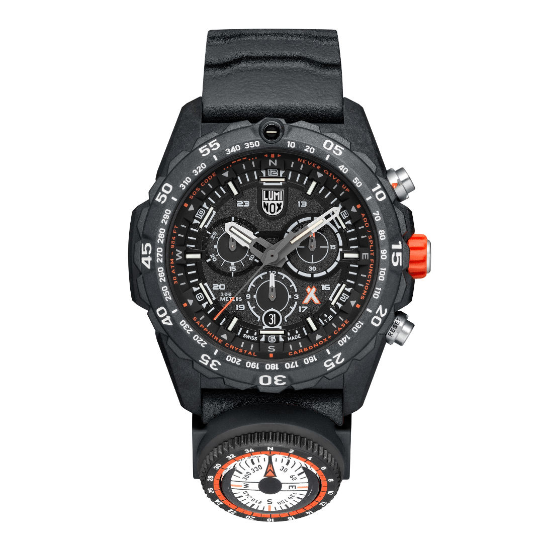 Bracelet de montre pour homme avec boîtier noir et bracelet en cuir, cadran noir, accents orange