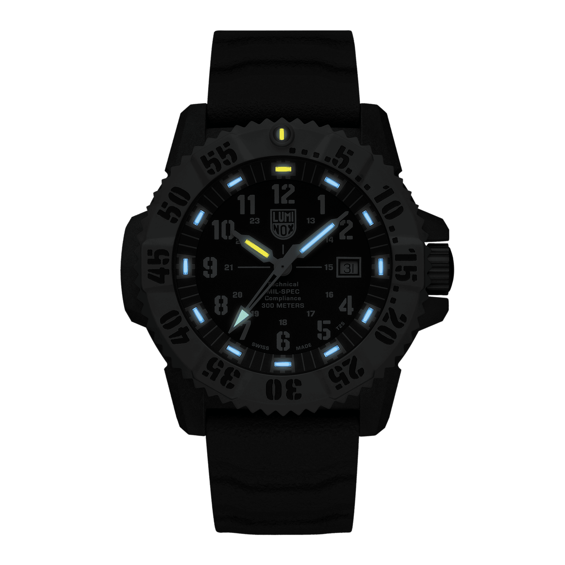 Montre pour homme avec bracelet en silicone noir, cadran noir et aiguilles lumineuses bleues/jaunes.