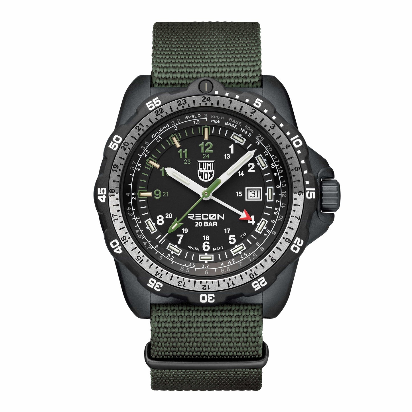 Montre Luminox RECON pour homme avec boîtier noir, cadran noir et bracelet textile vert