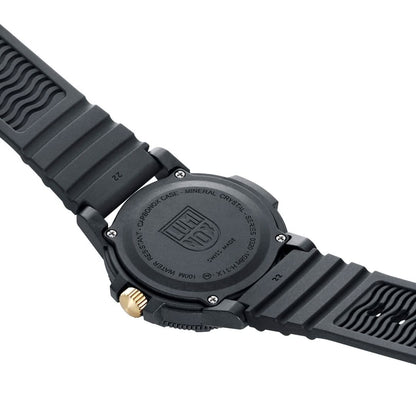 Vue arrière : fond de boîtier noir, couronne dorée et bracelet en caoutchouc texturé