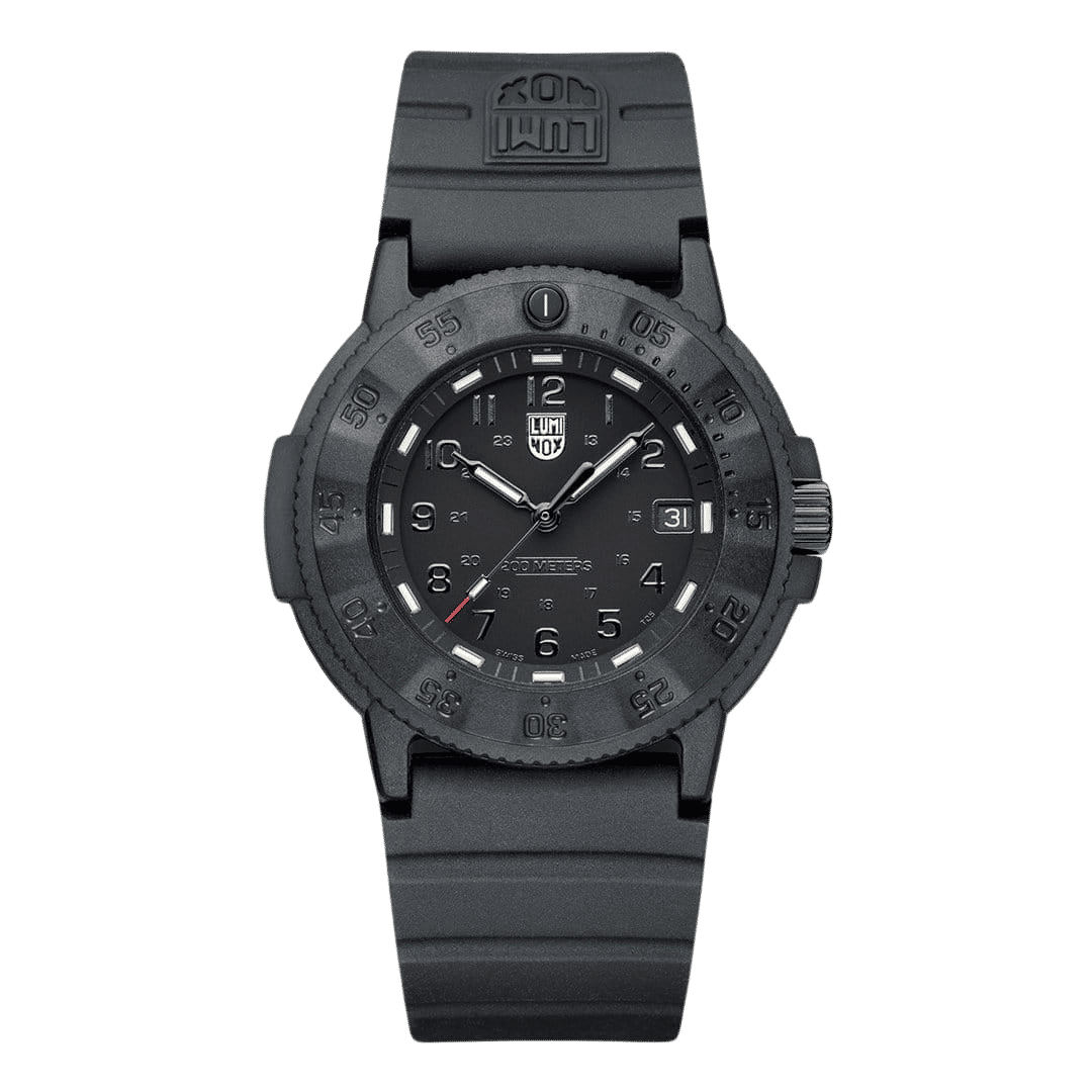 Montre noire pour homme avec cadran noir, lunette et bracelet en caoutchouc